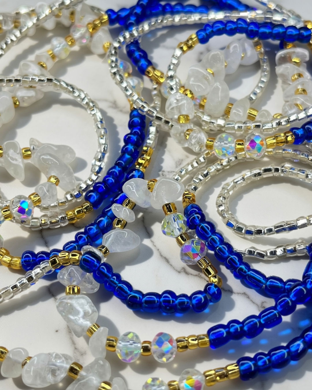 White quartz waist beads with gold and blue accents, gemstone waist beads