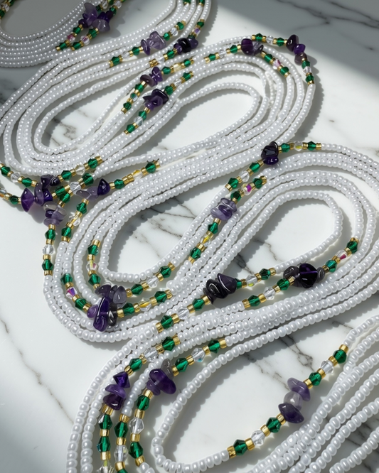 Amethyst gemstone waist beads with white beads, gold, green and Austrian crystal accents 