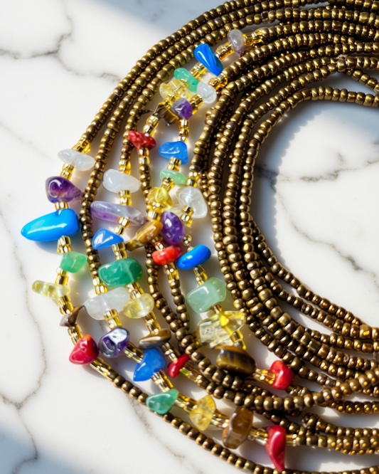 Tiger Eye, White Quartz, Amethyst, Citrine, Bamboo Coral, Agate, Aventurine, Aquamarine
Waist beads 