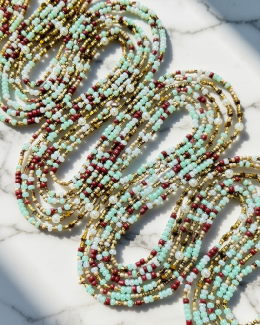 Green brown metallic gold and cream waist beads, African waist beads for women 