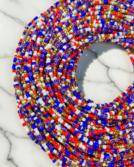 Traditional tie on African waist beads, blue, white, red, gold luxury waist beads 