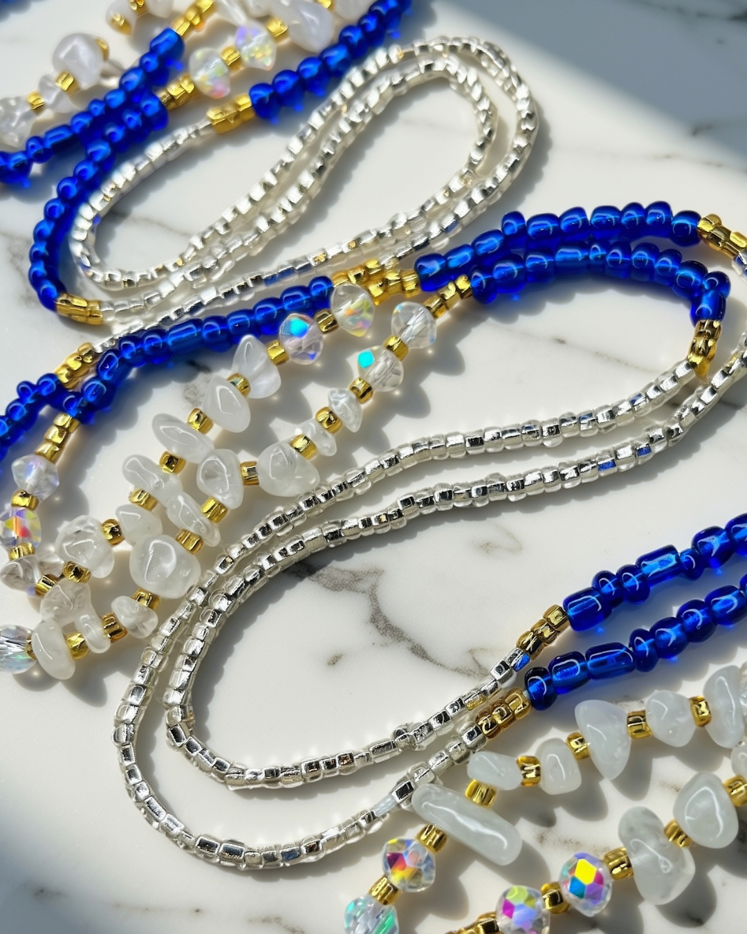 White quartz waist beads with gold and blue accents, gemstone waist beads 