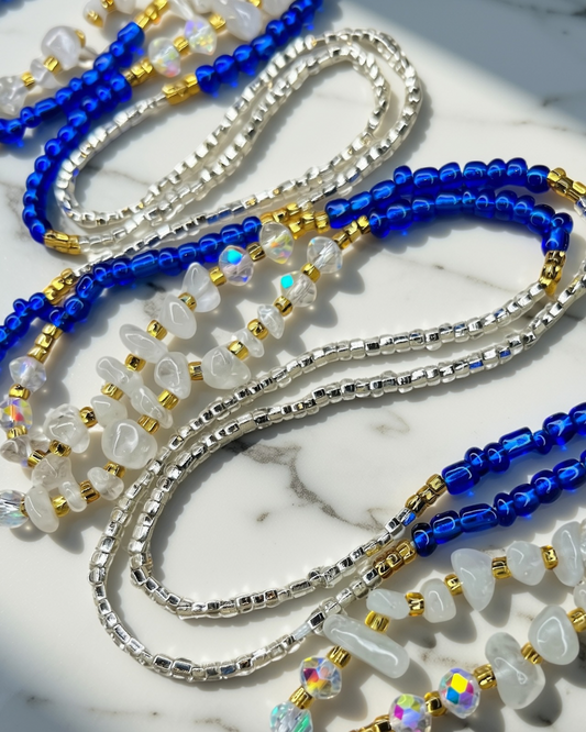 White quartz waist beads with gold and blue accents, gemstone waist beads 