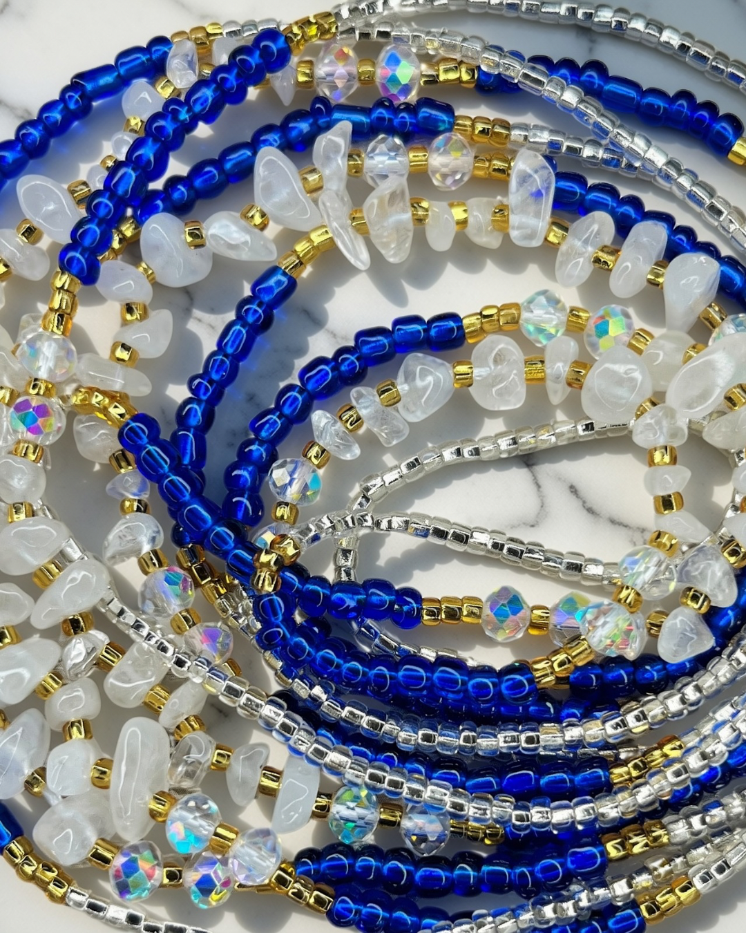 White quartz waist beads with gold and blue accents, gemstone waist beads 